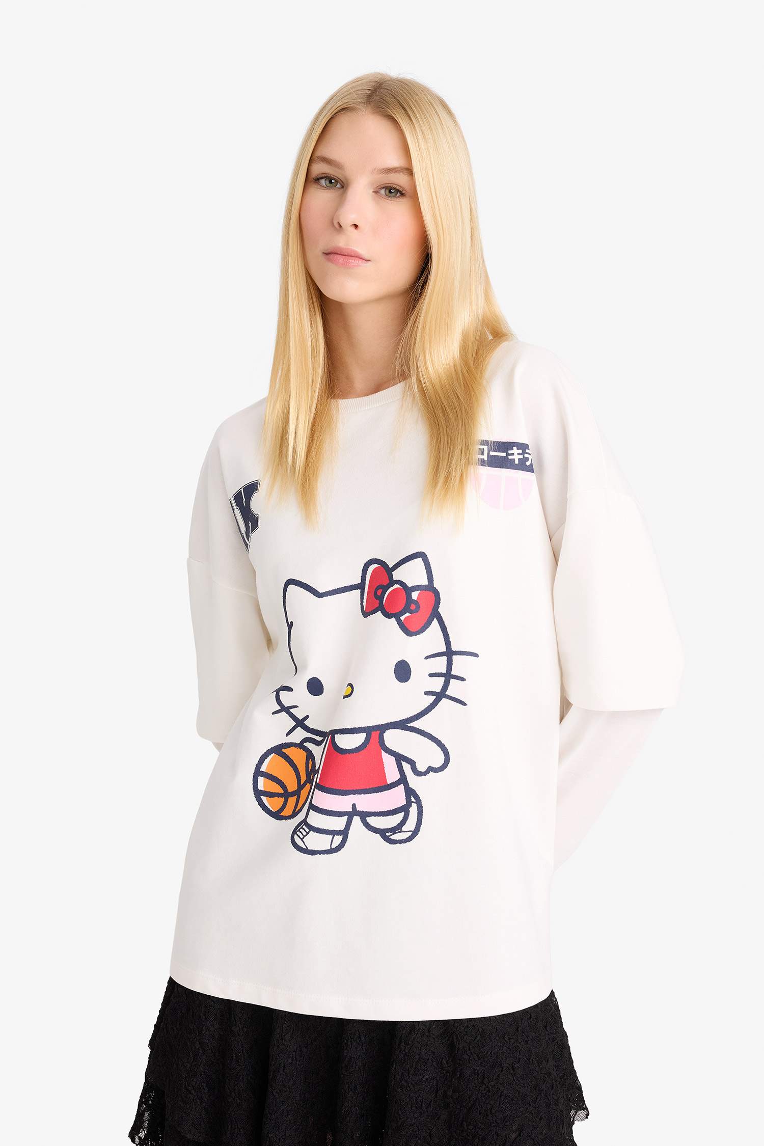 Hello Kitty Oversize Wide Pattern Crew Neck Long Sleeve T-Shirt