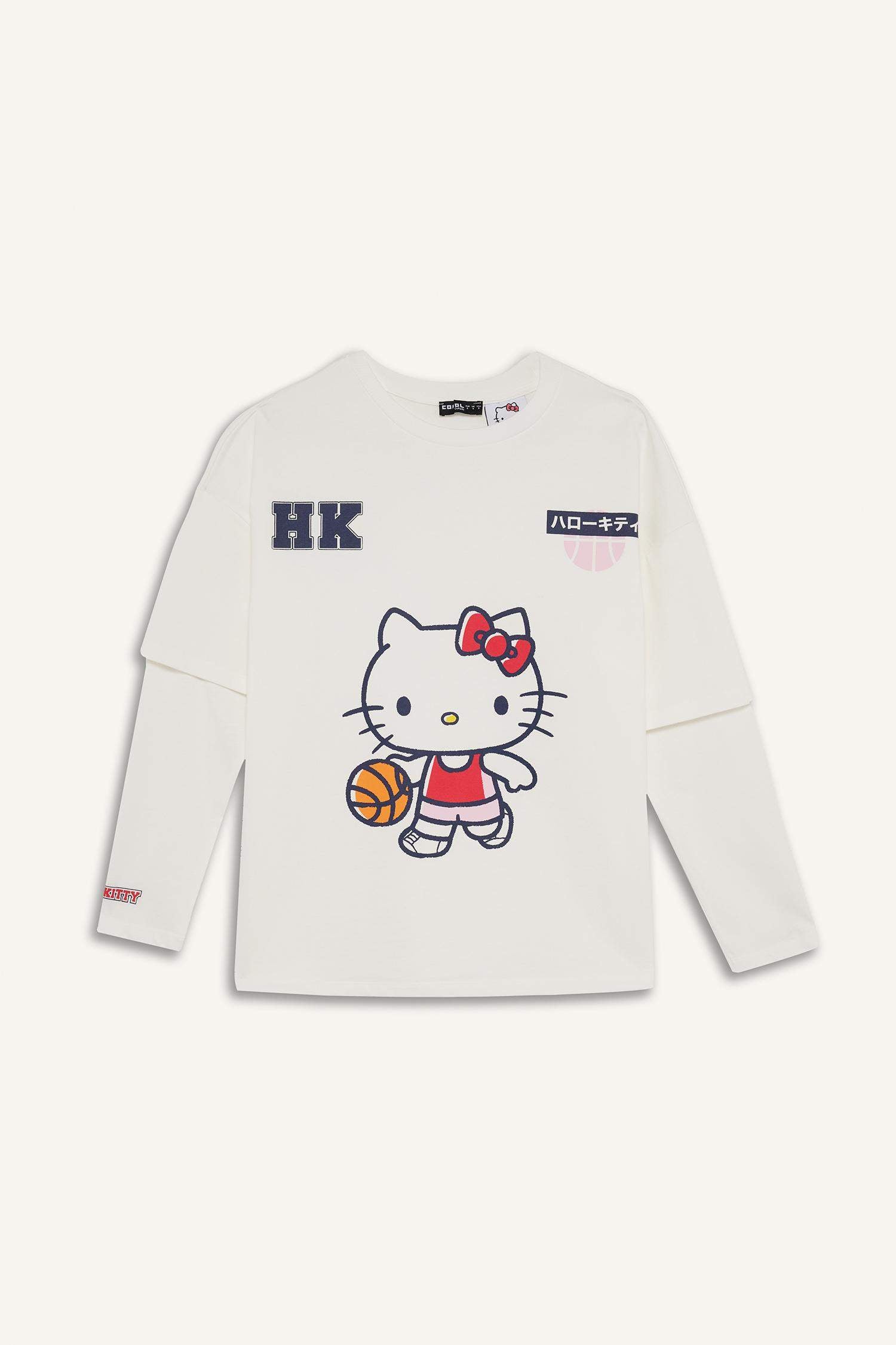 Hello Kitty Oversize Wide Pattern Crew Neck Long Sleeve T-Shirt