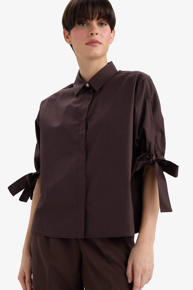 Regular Fit Poplin Long-Sleeve Shirt with Tie Detail Hover Image