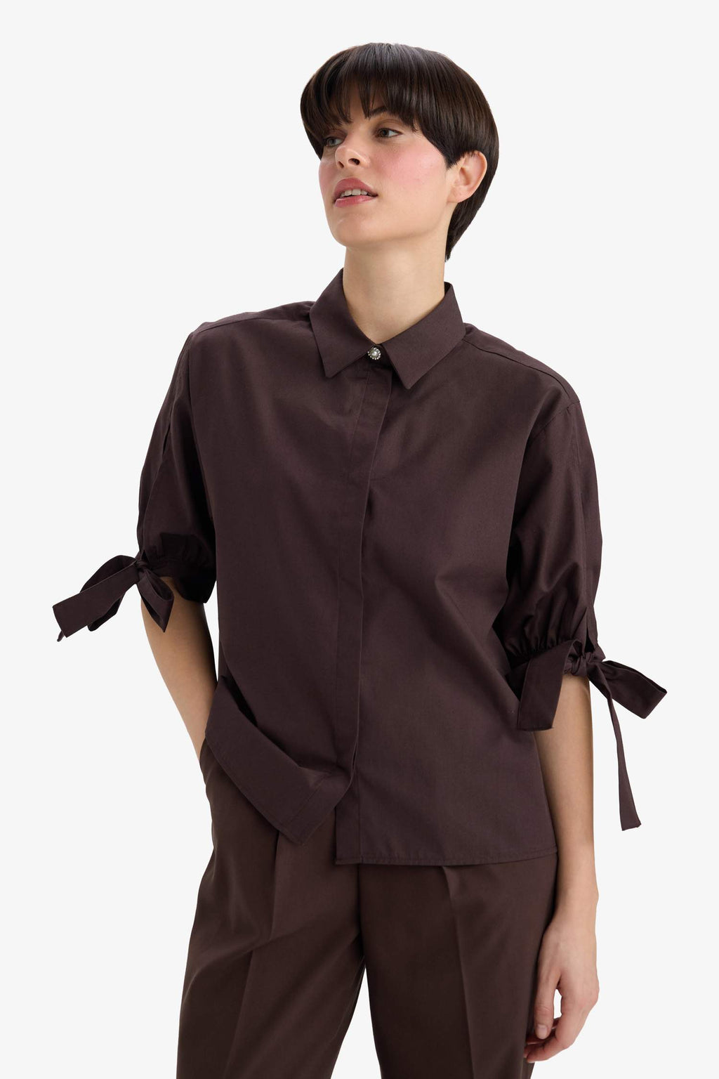 Regular Fit Poplin Long-Sleeve Shirt with Tie Detail