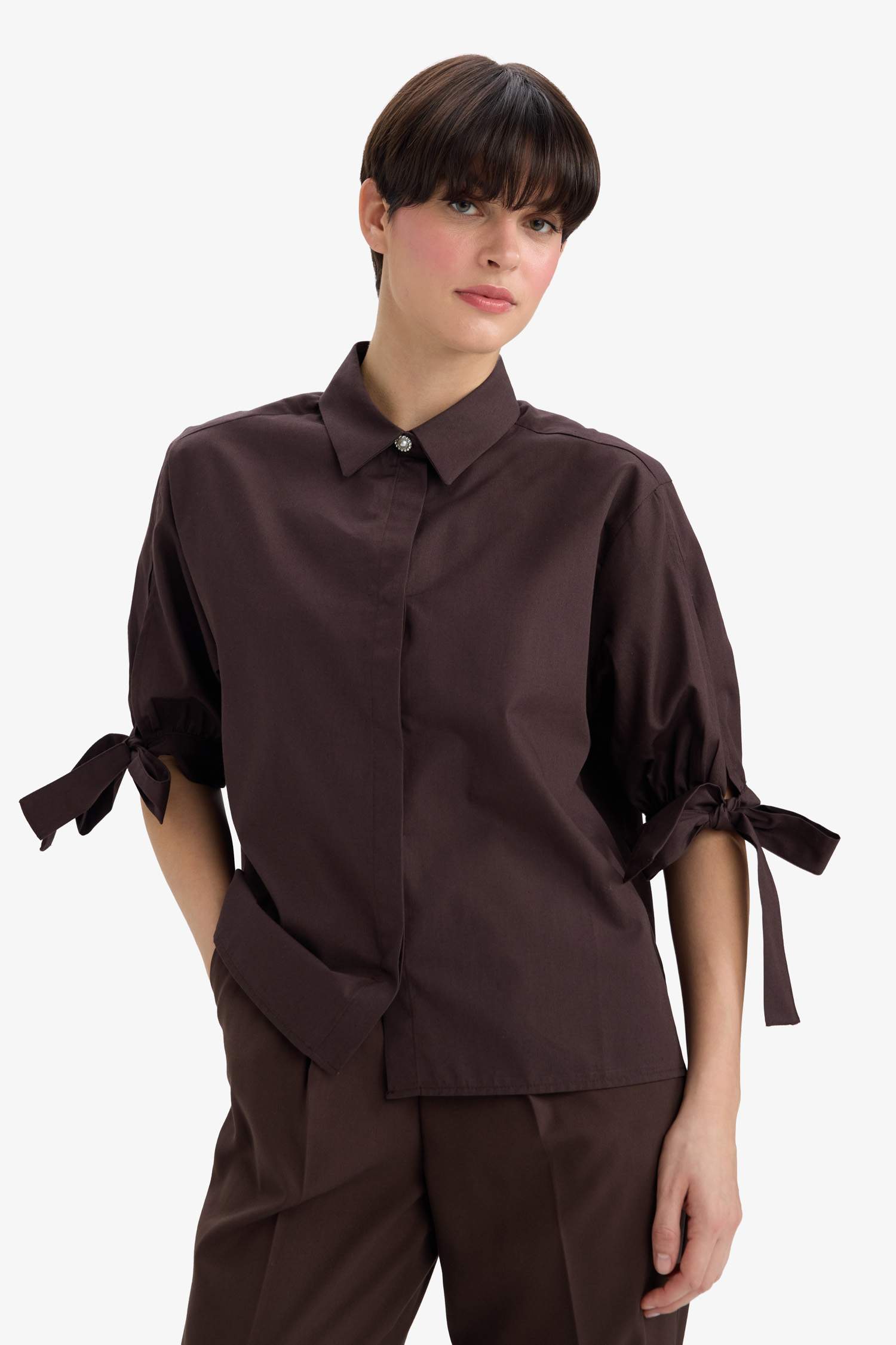 Regular Fit Poplin Long-Sleeve Shirt with Tie Detail