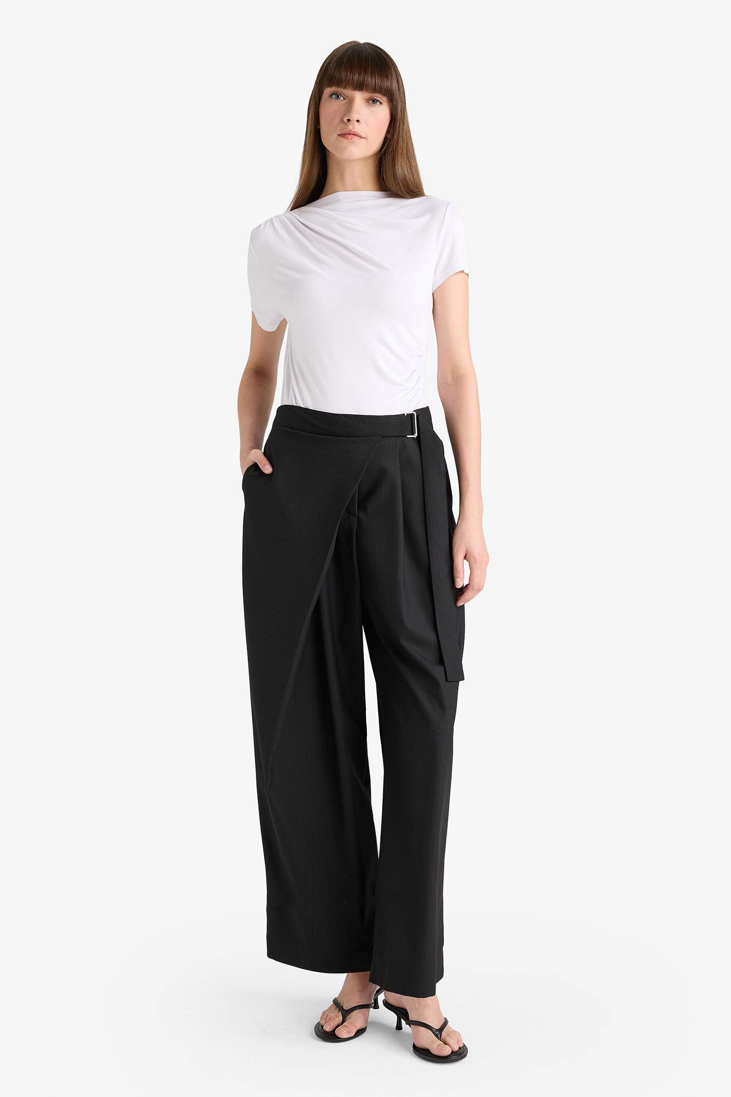 Wide Leg, Belted Pocket, Straight Leg Long Trousers
