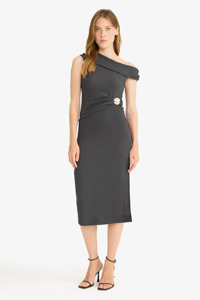 Regular Fit Crinkle One-Shoulder Midi Dress Hover Image