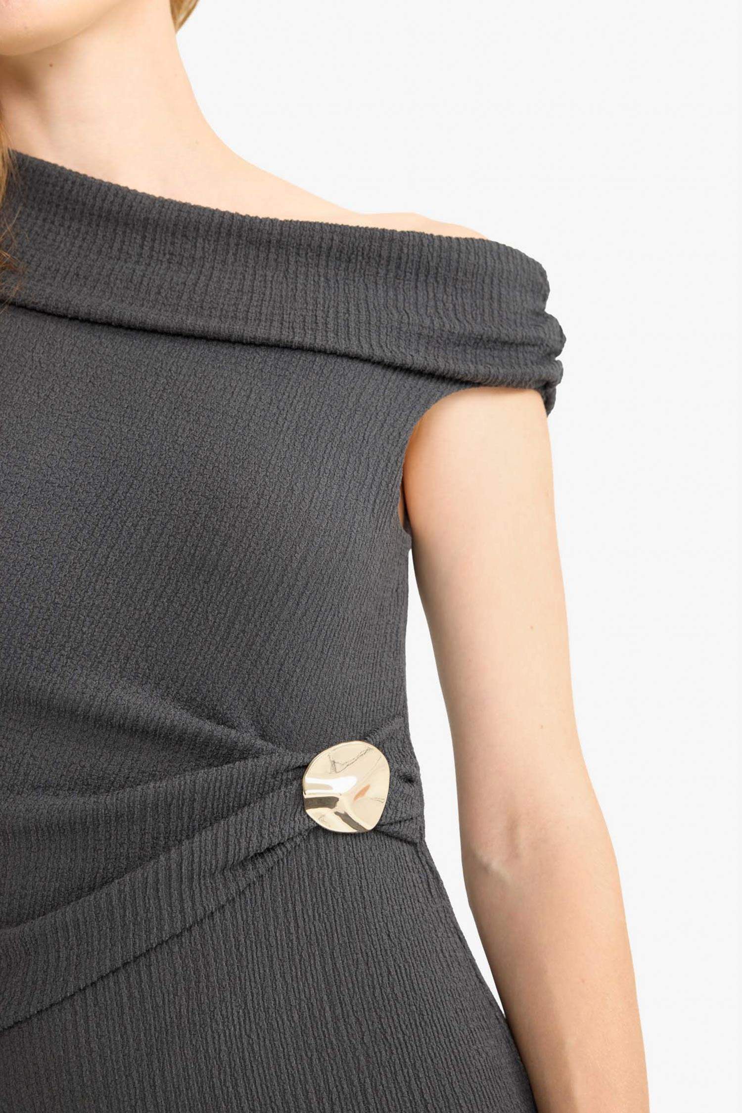 Regular Fit Crinkle One-Shoulder Midi Dress