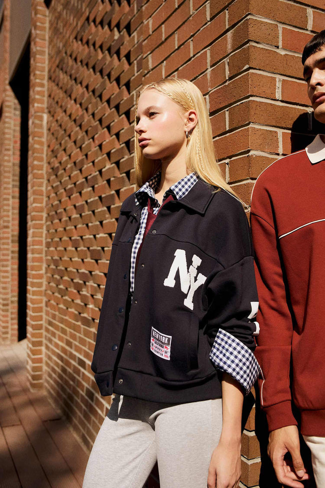 Polo Collar Printed Snap-On Bomber Jacket Hover Image