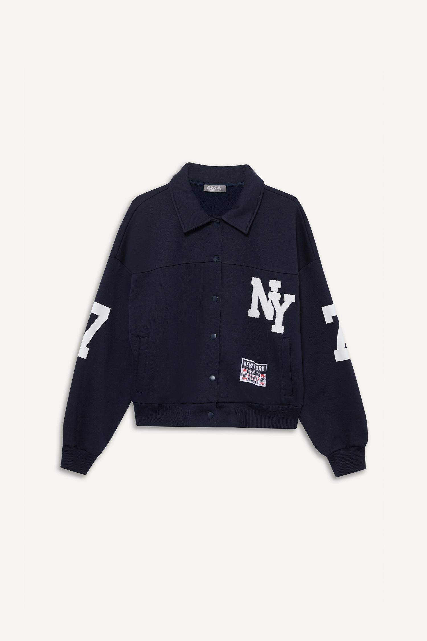 Polo Collar Printed Snap-On Bomber Jacket