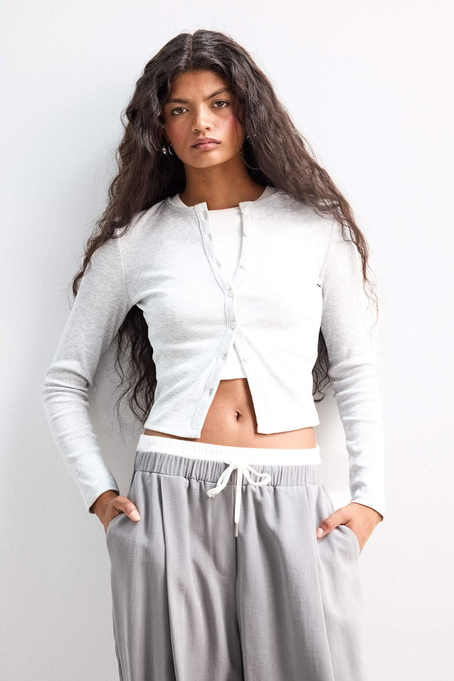 Fitted Crew Neck Ribbed Cardigan Hover Image