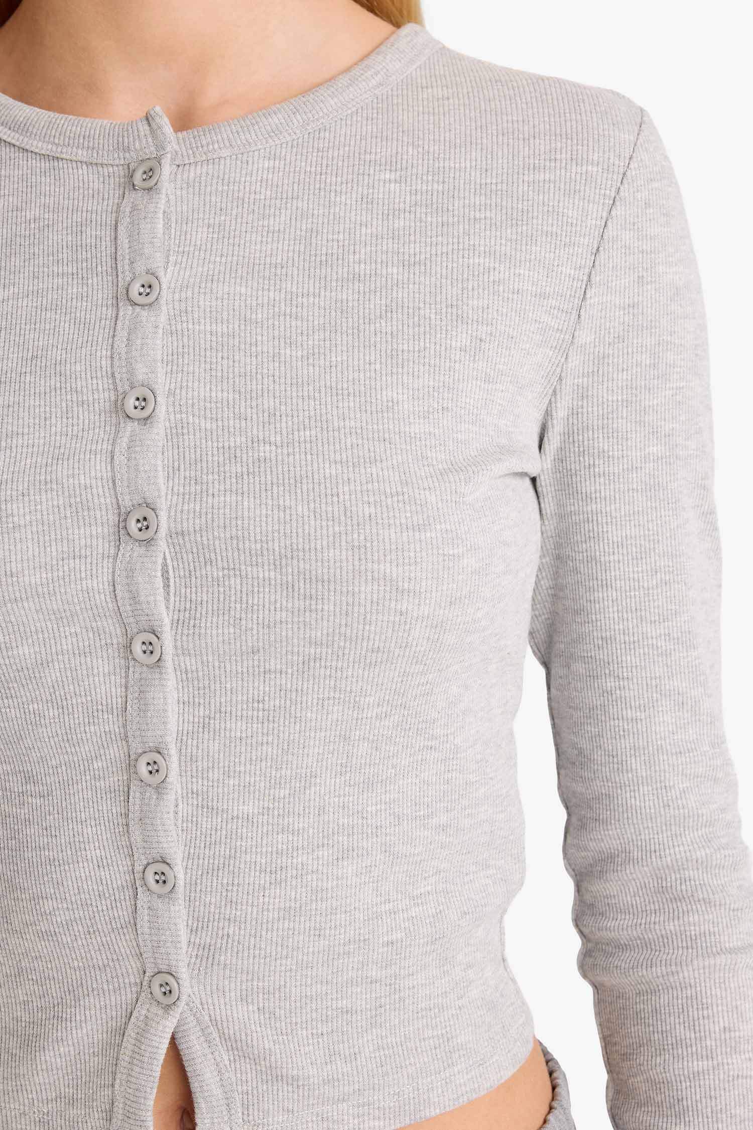 Fitted Crew Neck Ribbed Cardigan