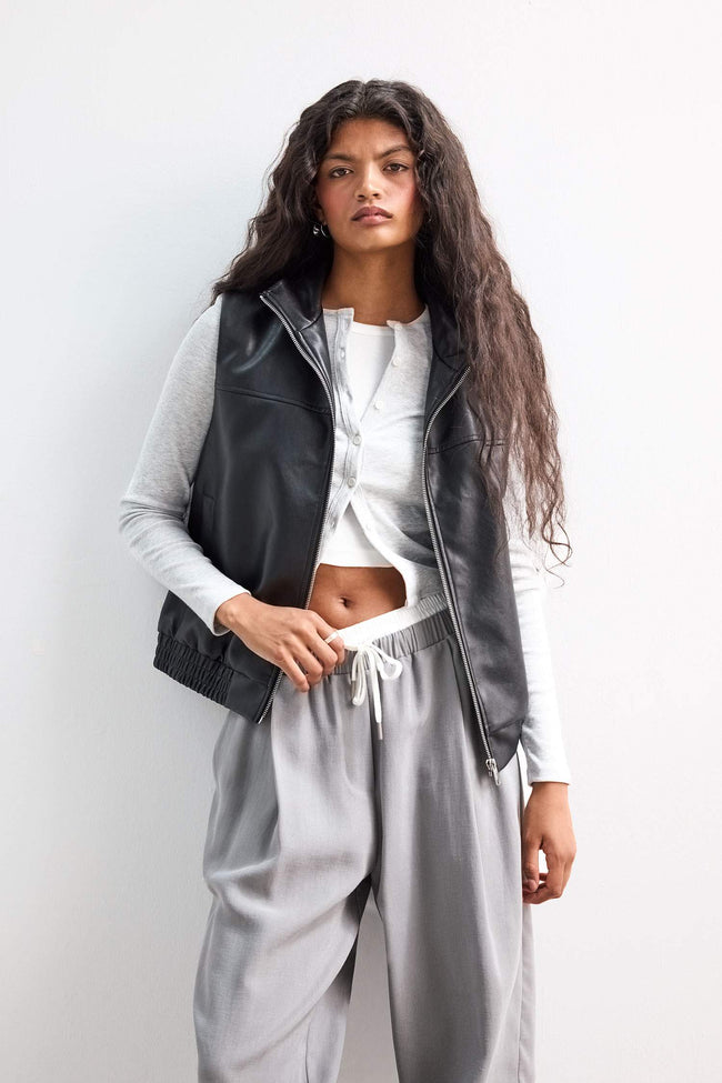 Regular Fit Stand Collar Faux Leather Vest Hover Image