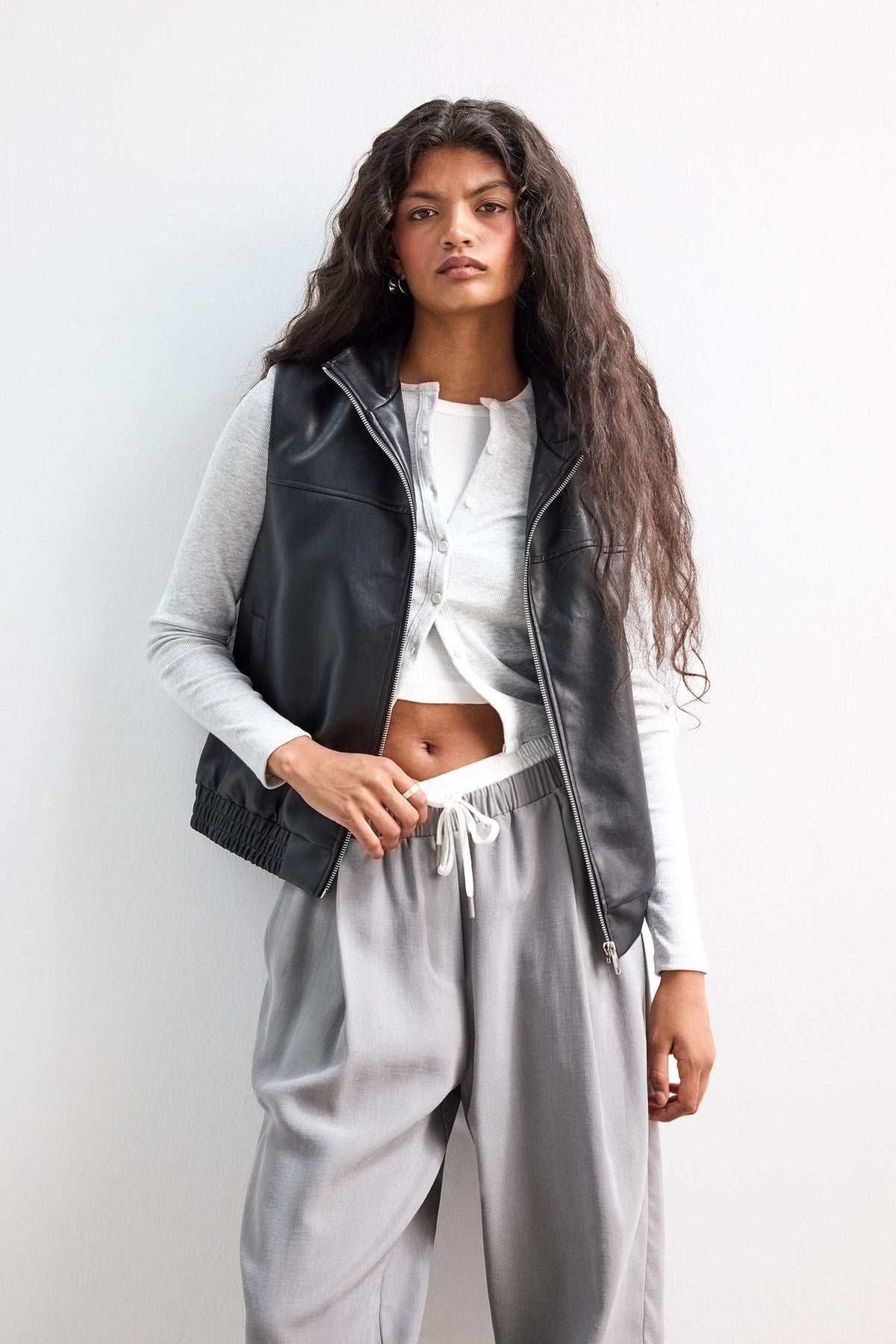 Regular Fit Stand Collar Faux Leather Vest