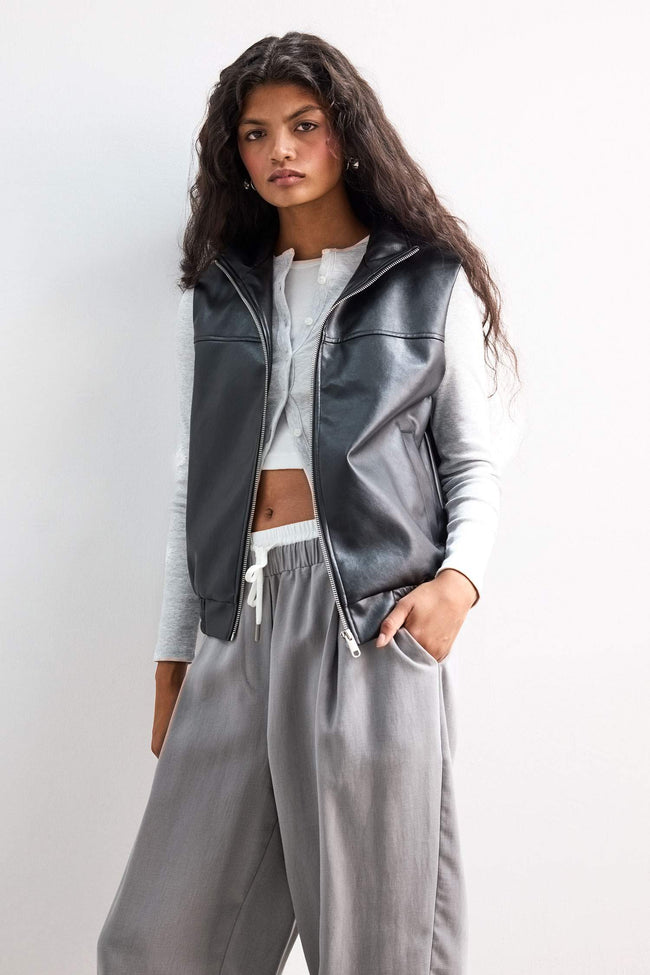 Regular Fit Stand Collar Faux Leather Vest Main Image