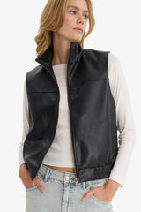 Regular Fit Stand Collar Faux Leather Vest