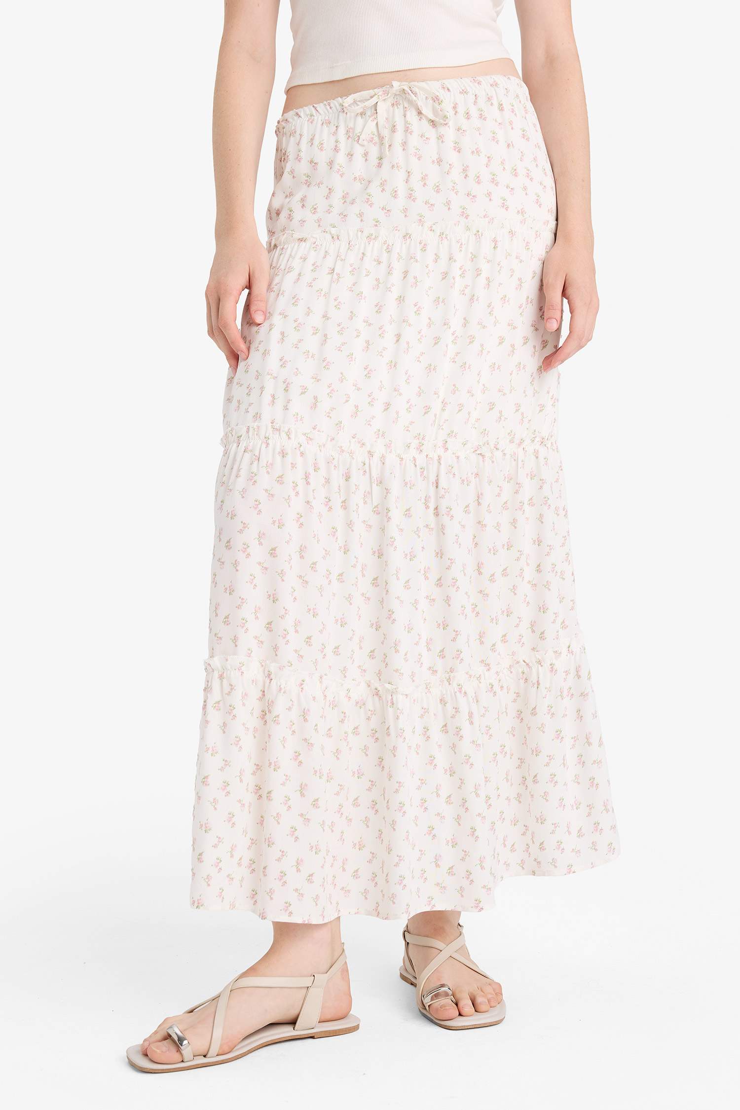 Floral Patterned High Waist Cotton Lined Maxi Skirt