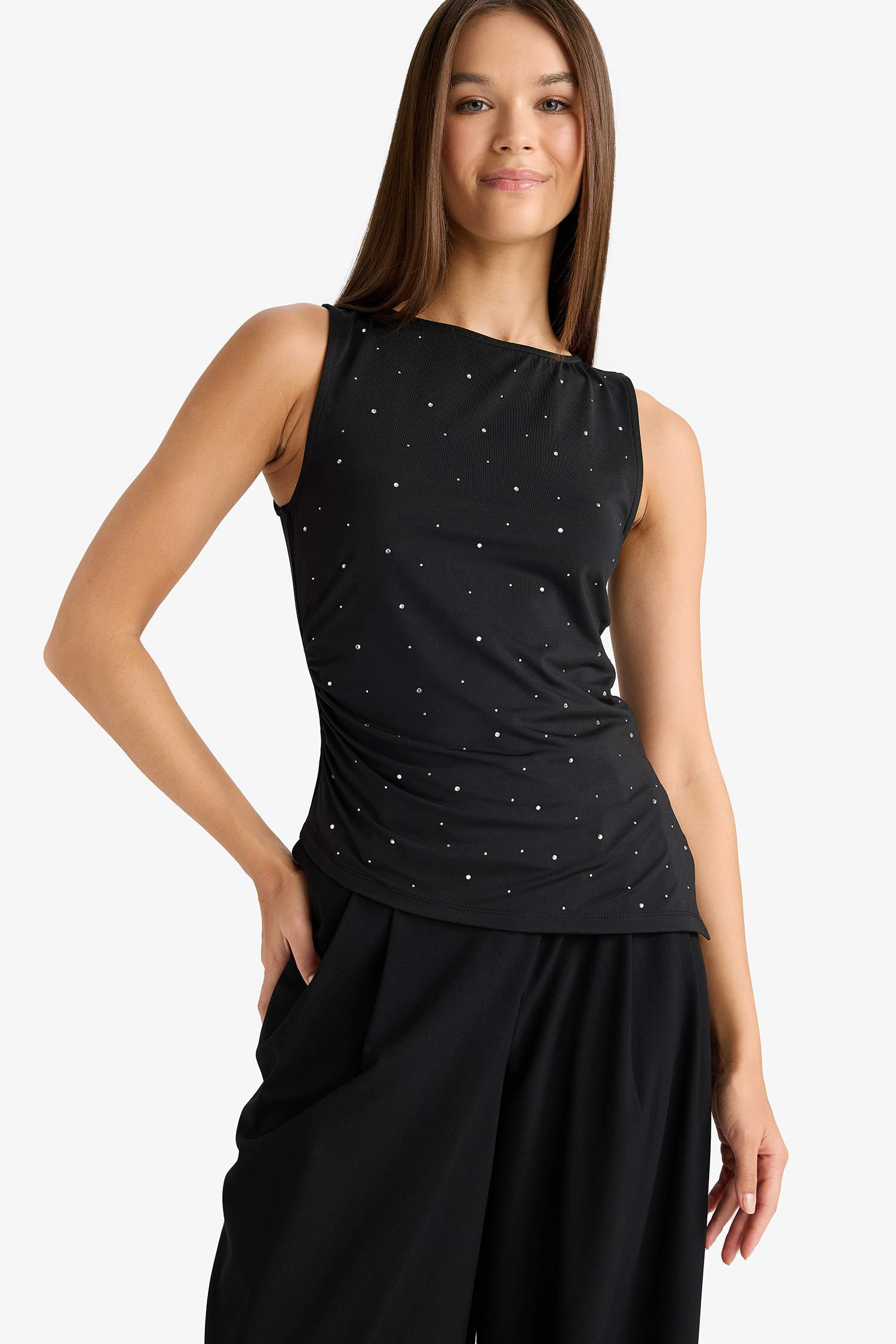 Asymmetrical Square Neck Polka Dot Sleeveless Blouse