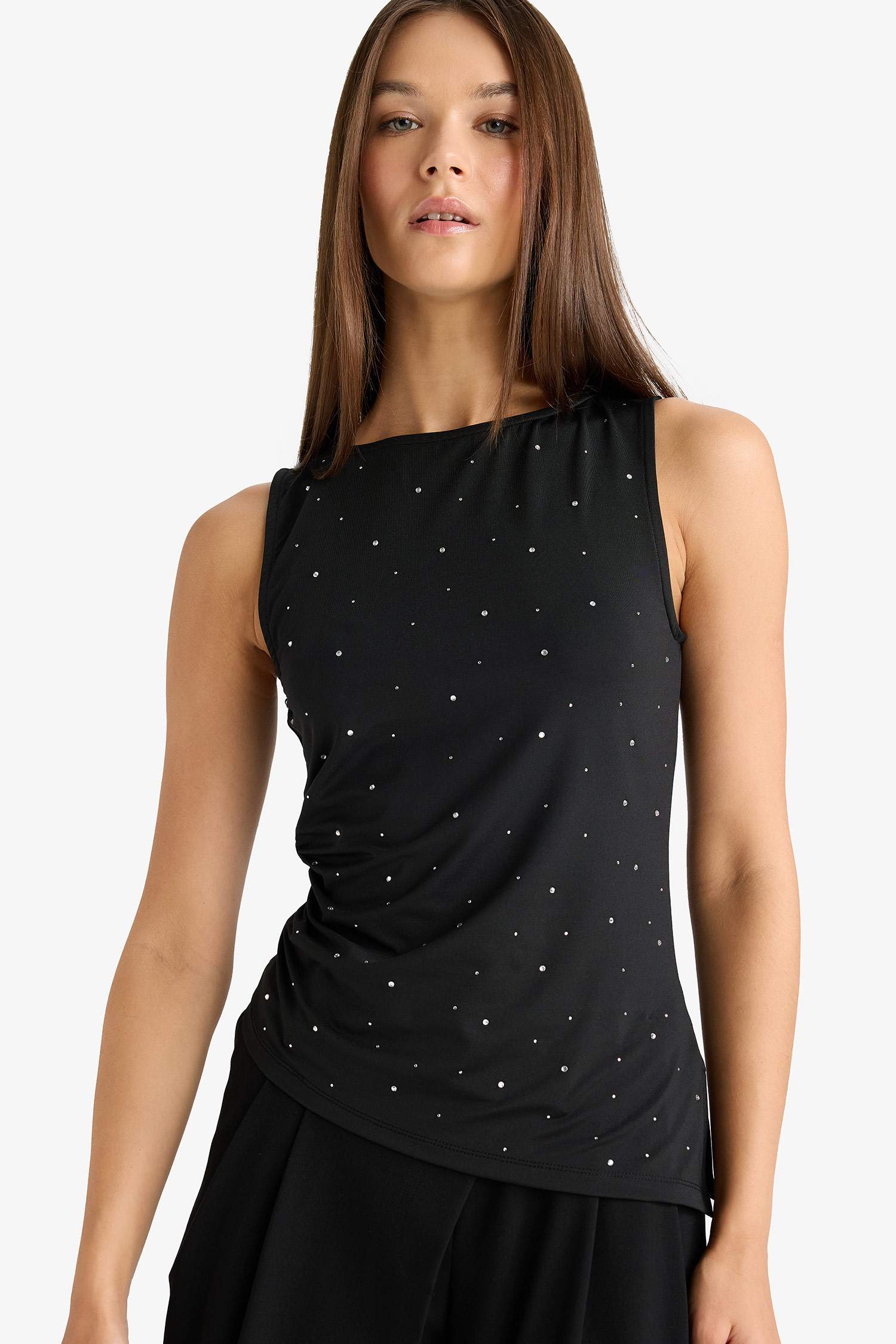 Asymmetrical Square Neck Polka Dot Sleeveless Blouse