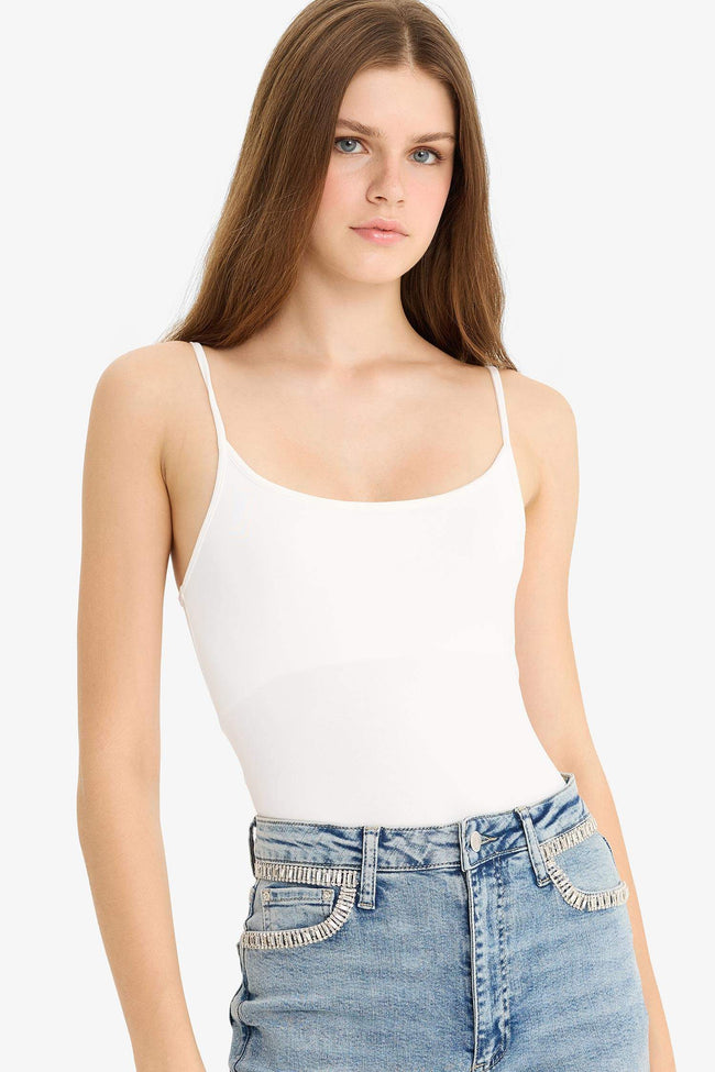 Thin Strap Basic Plain Snap Bodysuit Hover Image