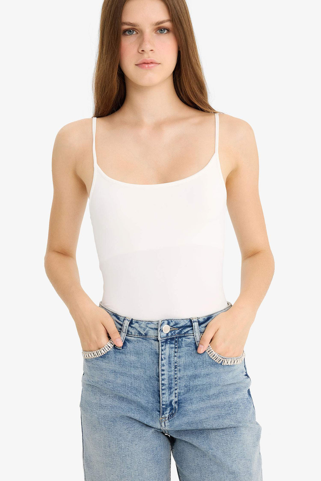 Thin Strap Basic Plain Snap Bodysuit