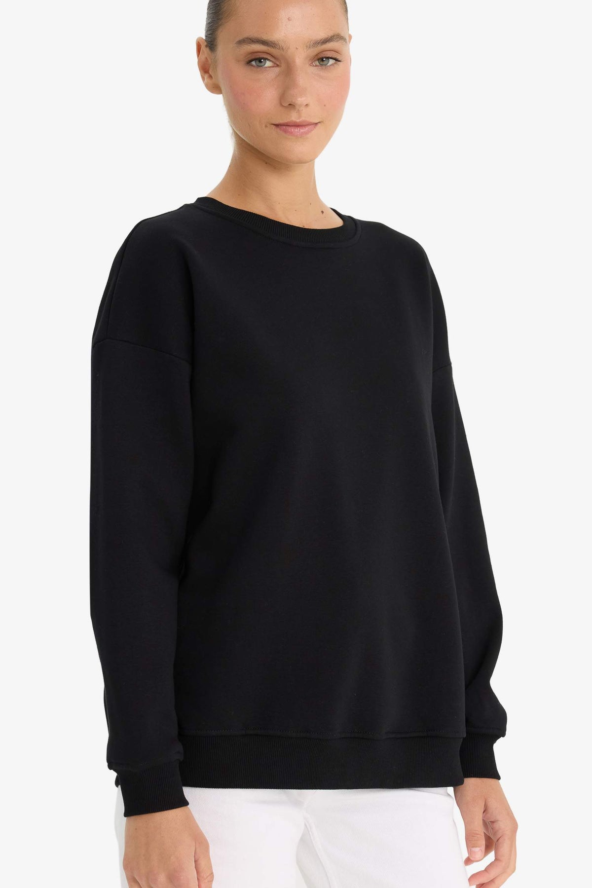 Oversize Wide Pattern Crew Neck Basic Plain Thick Sweatshirt
