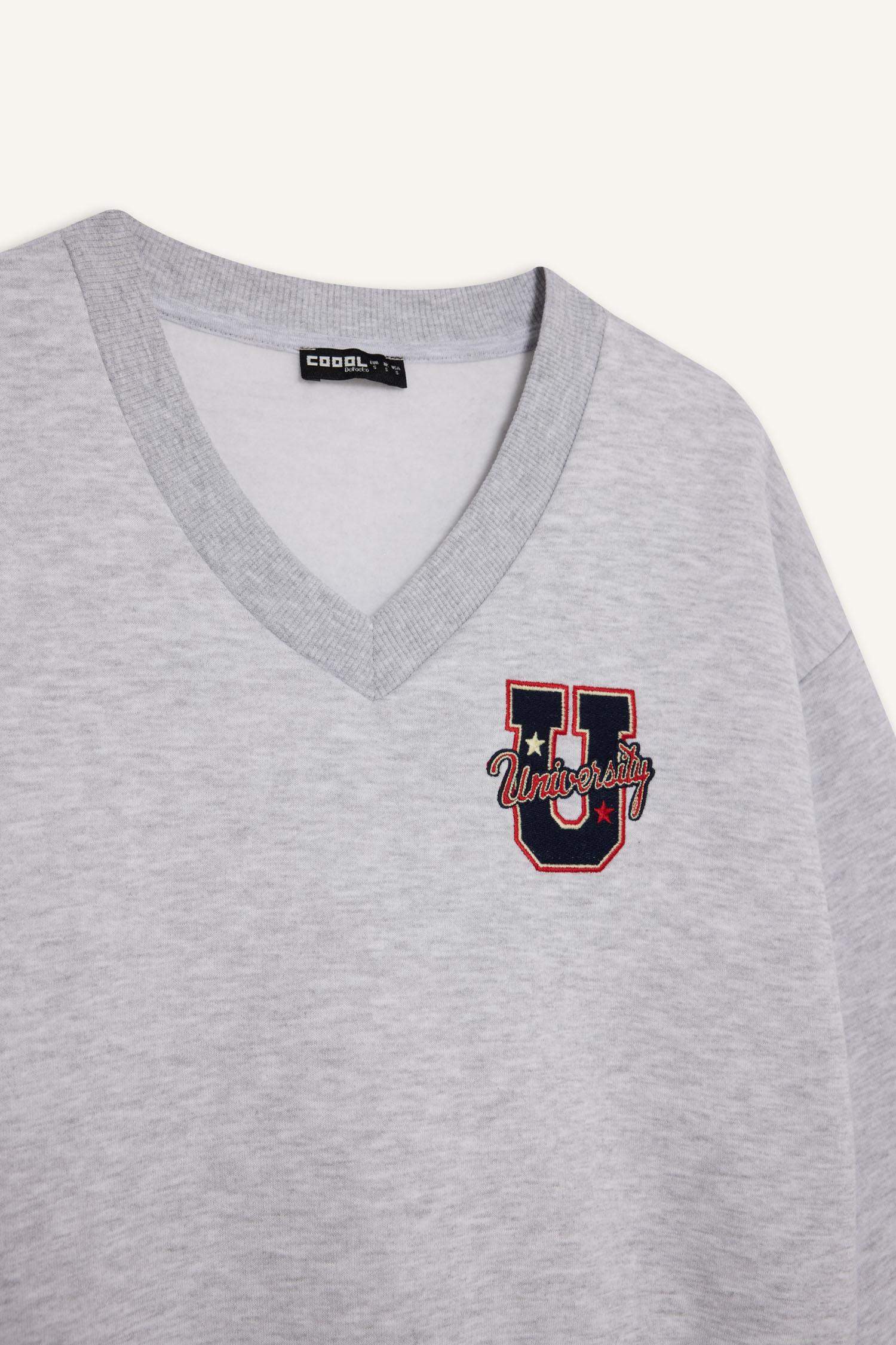 Loose Fit V-Neck Embroidered Sweatshirt