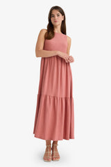 Crew Neck Crepe Sleeveless Midi Dress