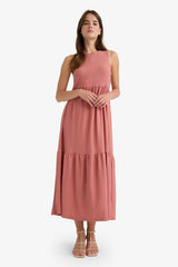 Crew Neck Crepe Sleeveless Midi Dress
