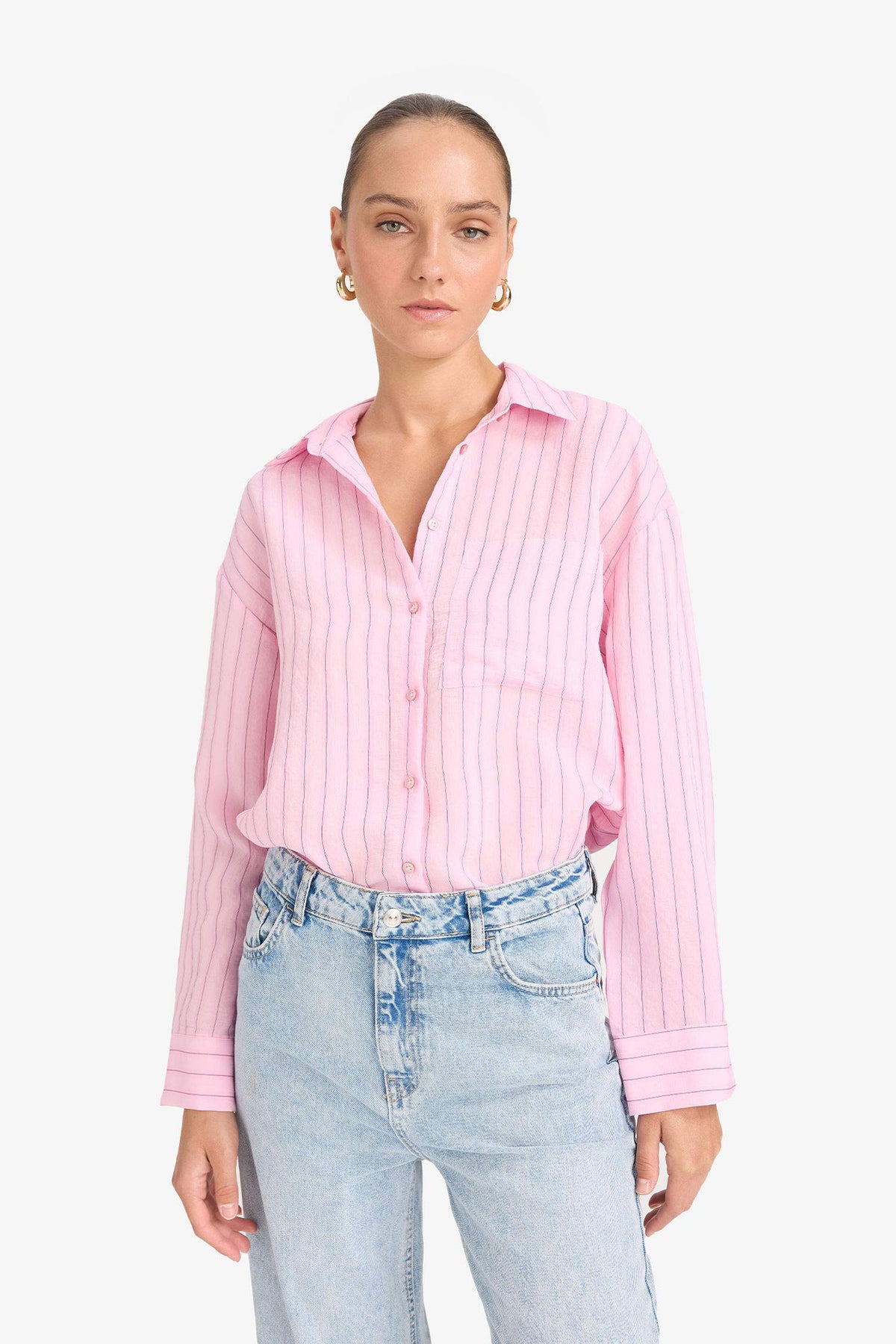 Oversize Fit Modal Long Sleeve Striped Shirt