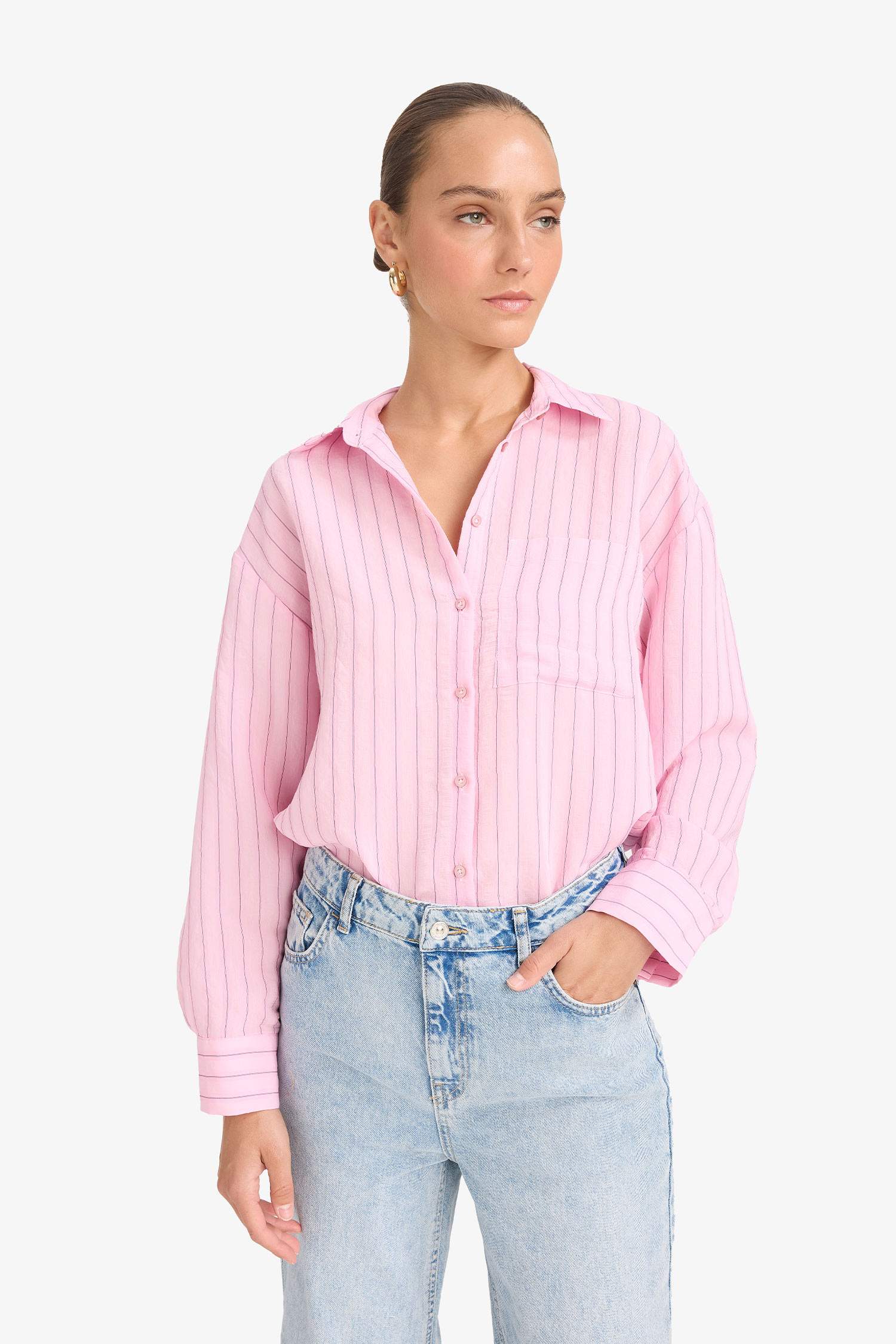 Oversize Fit Modal Long Sleeve Striped Shirt