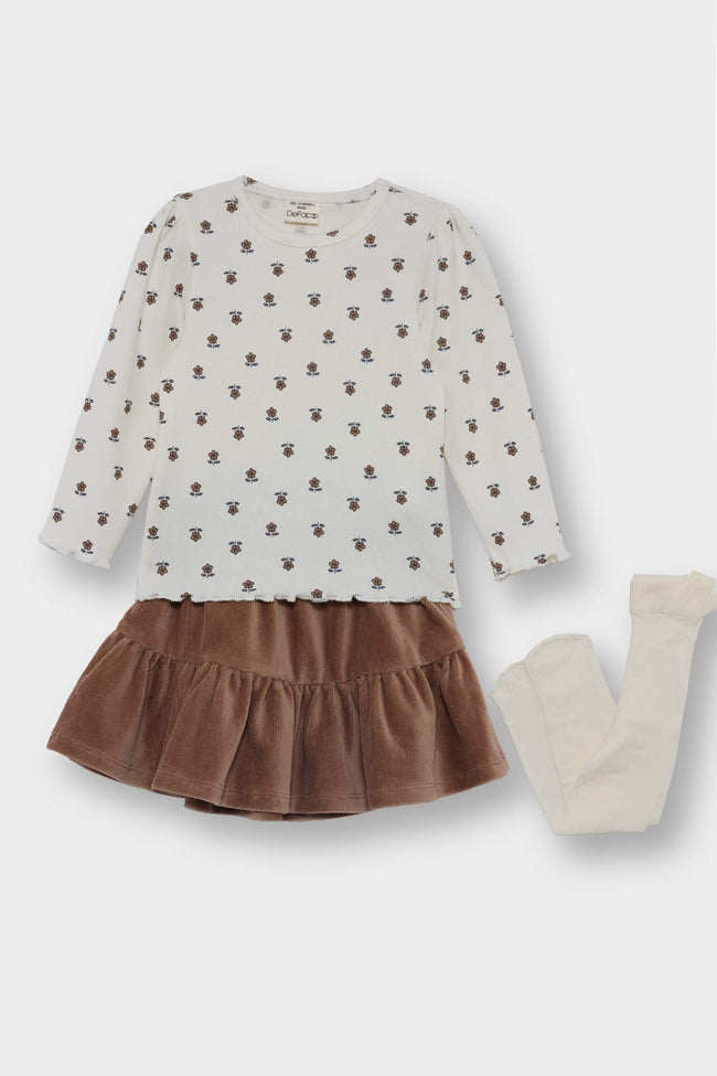Baby Girl 3-Piece Set Floral Patterned Ribbed Camisole Long Sleeve T-Shirt Velvet Skirt Tights Hover Image