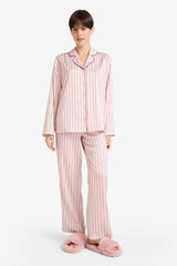 Pajama Set Regular Fit Satin Striped Long-Sleeve Top and Long Bottoms