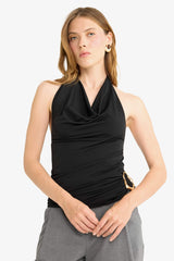 Regular Fit Halter Neck Blouse with Buckle Detail
