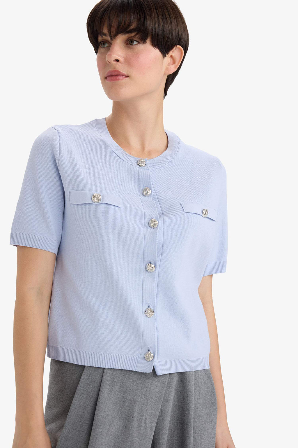 Regular Fit Crew Neck Buttoned Short Sleeve Knitted Cardigan