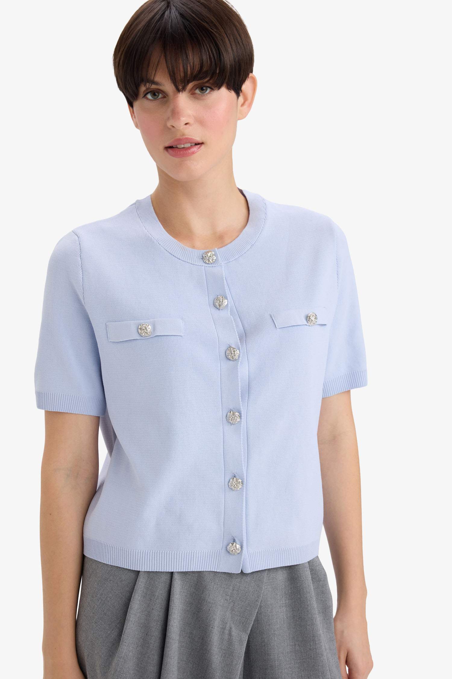 Regular Fit Crew Neck Buttoned Short Sleeve Knitted Cardigan