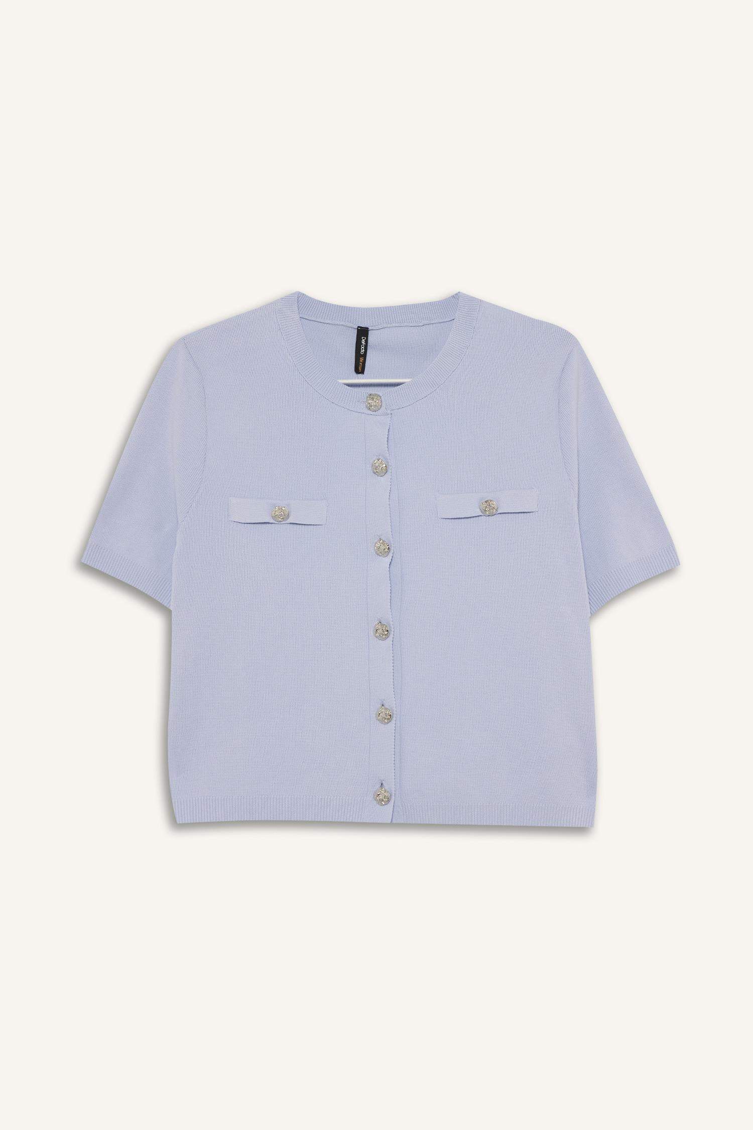 Regular Fit Crew Neck Buttoned Short Sleeve Knitted Cardigan