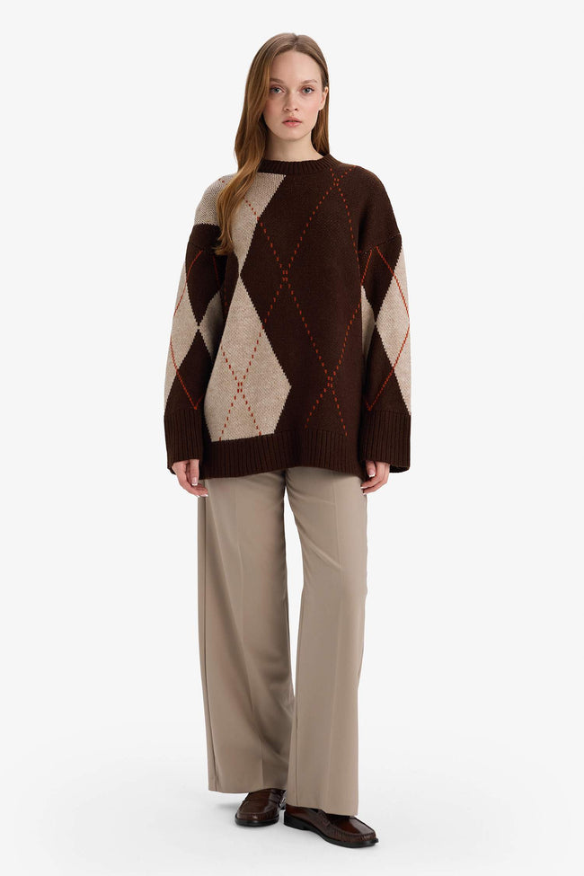 Regular Fit Crew Neck Diamond Pattern Knit Sweater Tunic Main Image