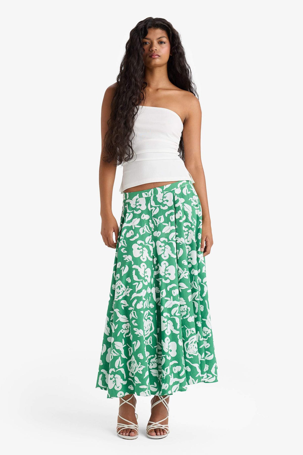 A-Line Floral Patterned Regular Waist Linen-Look Maxi Skirt