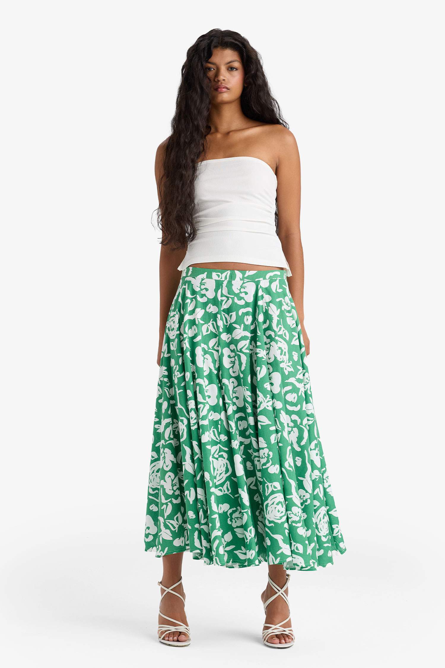 A-Line Floral Patterned Regular Waist Linen-Look Maxi Skirt