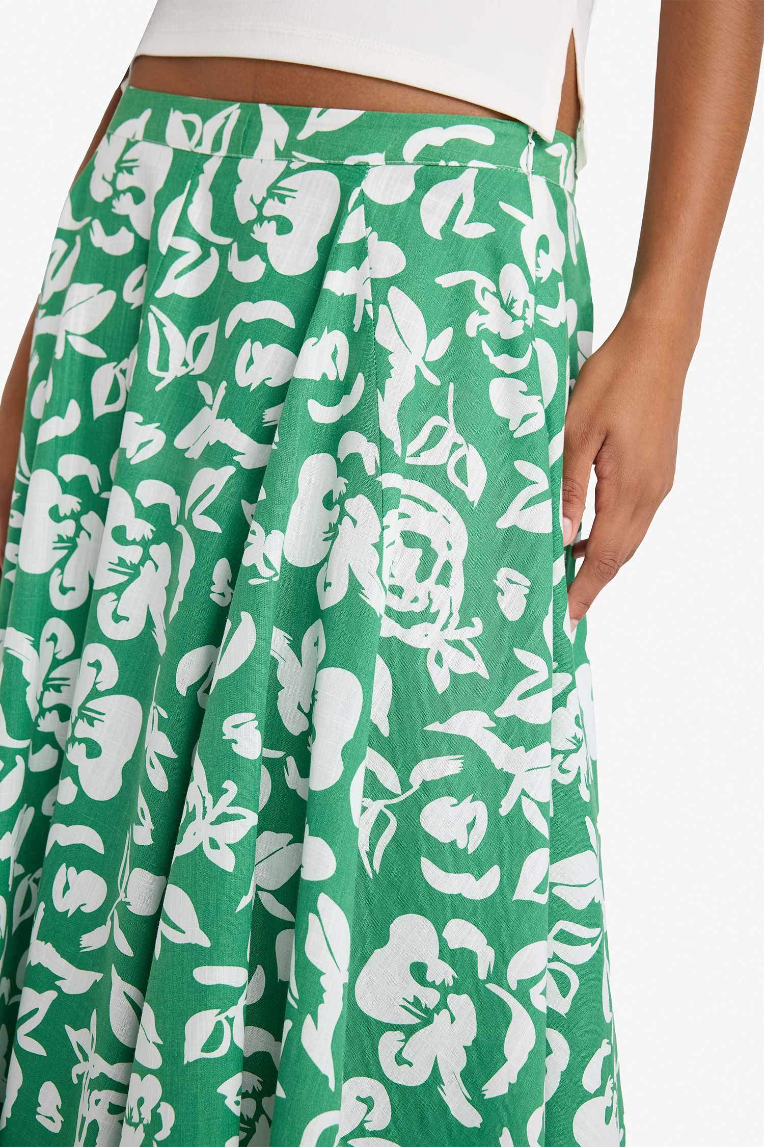 A-Line Floral Patterned Regular Waist Linen-Look Maxi Skirt