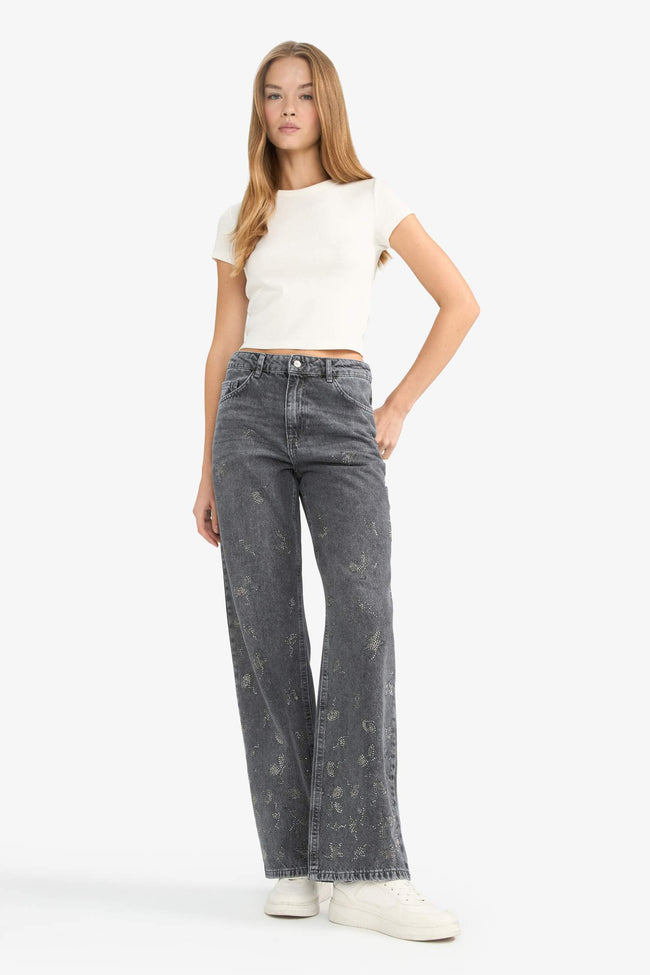 Straight Wide High Waist Long Washed Jean Trousers Hover Image