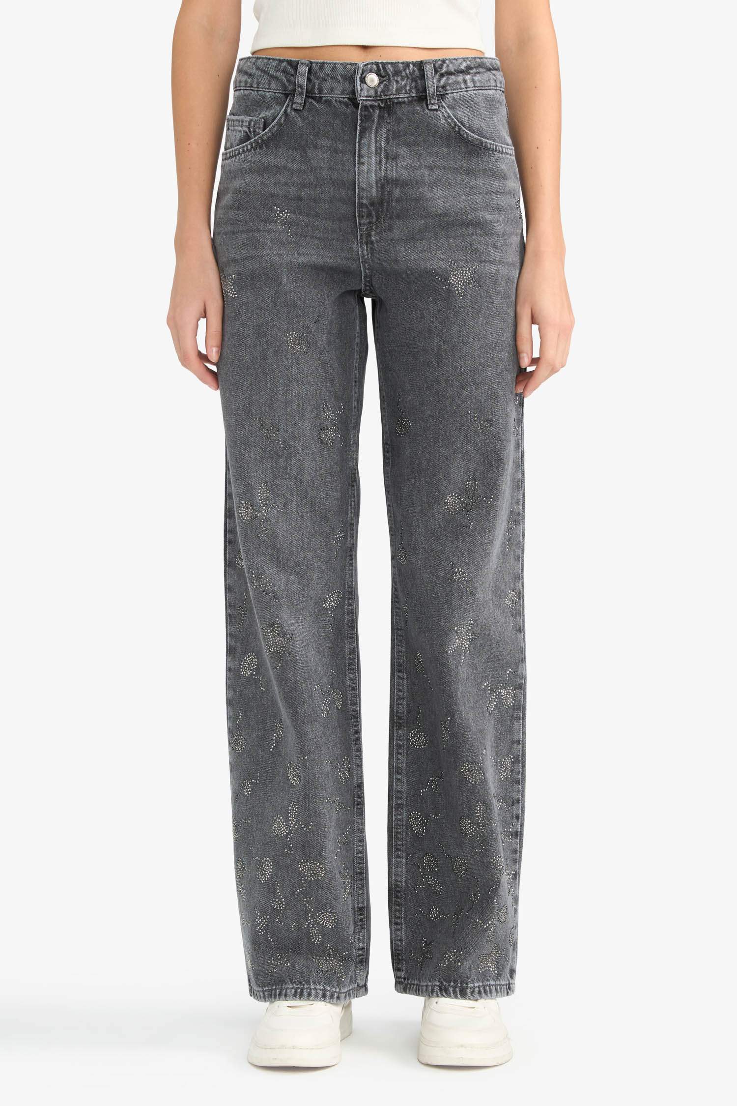 Straight Wide High Waist Long Washed Jean Trousers
