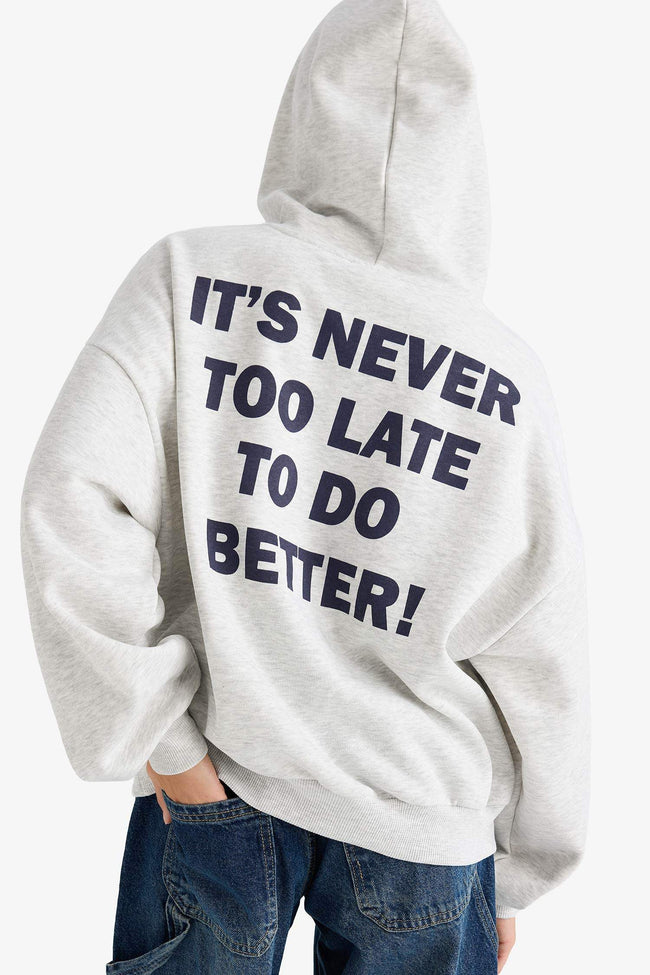 Overshirt Fit Hooded Sweatshirt with Back Print and Thick Design Hover Image