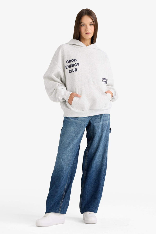 Overshirt Fit Hooded Sweatshirt with Back Print and Thick Design Main Image