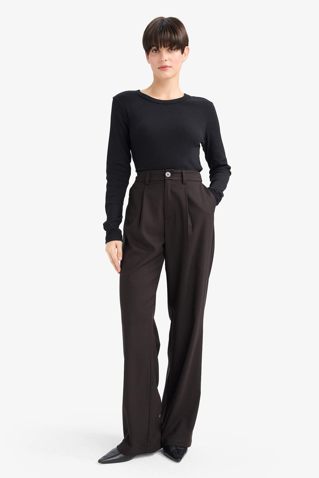 Straight Fit High Waist Long Trousers