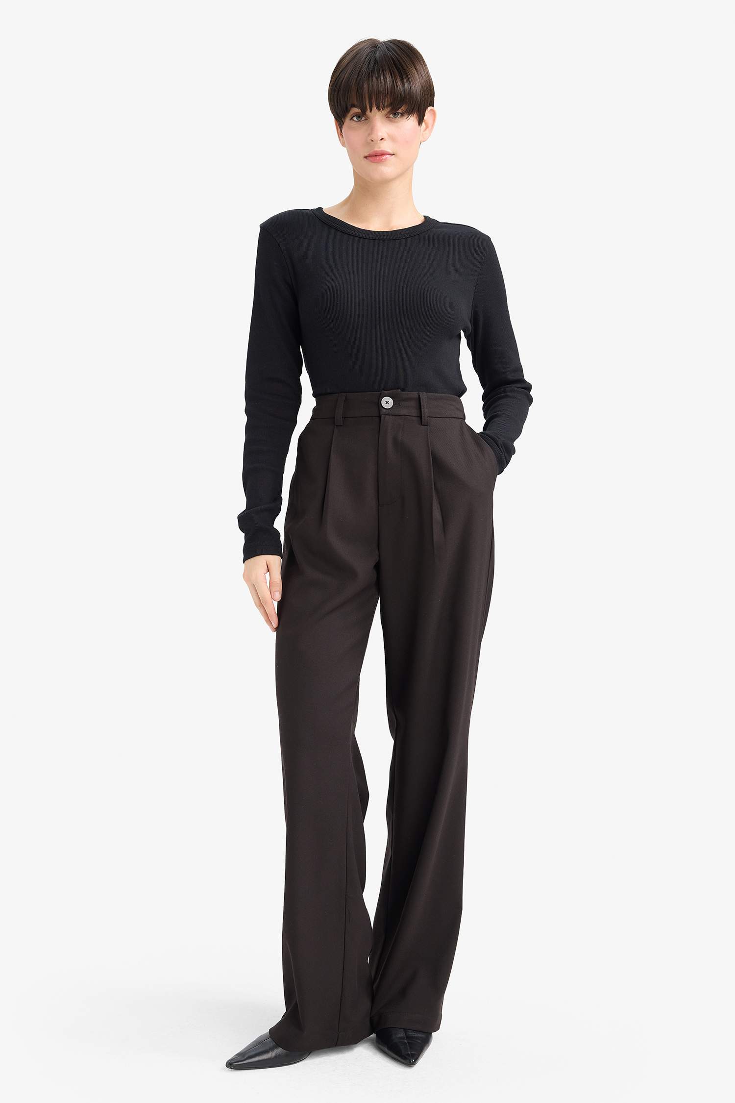 Straight Fit High Waist Long Trousers