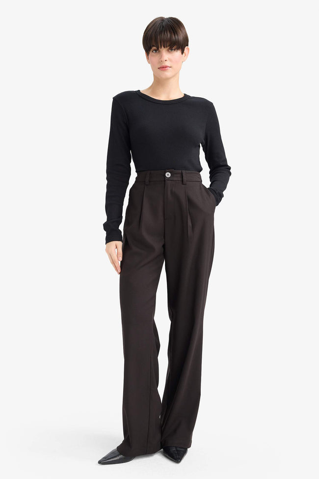 Straight Fit High Waist Long Trousers Hover Image