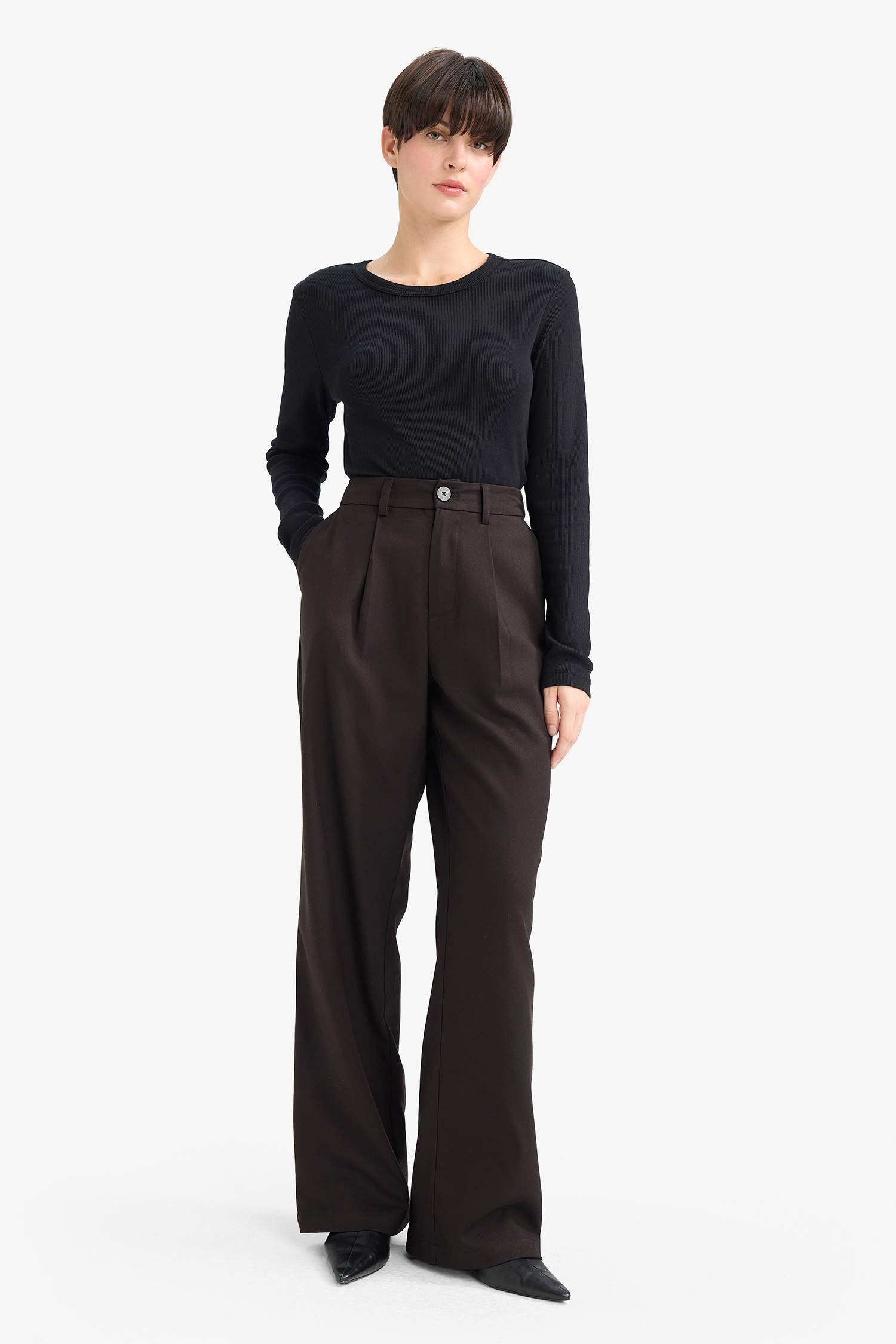 Straight Fit High Waist Long Trousers