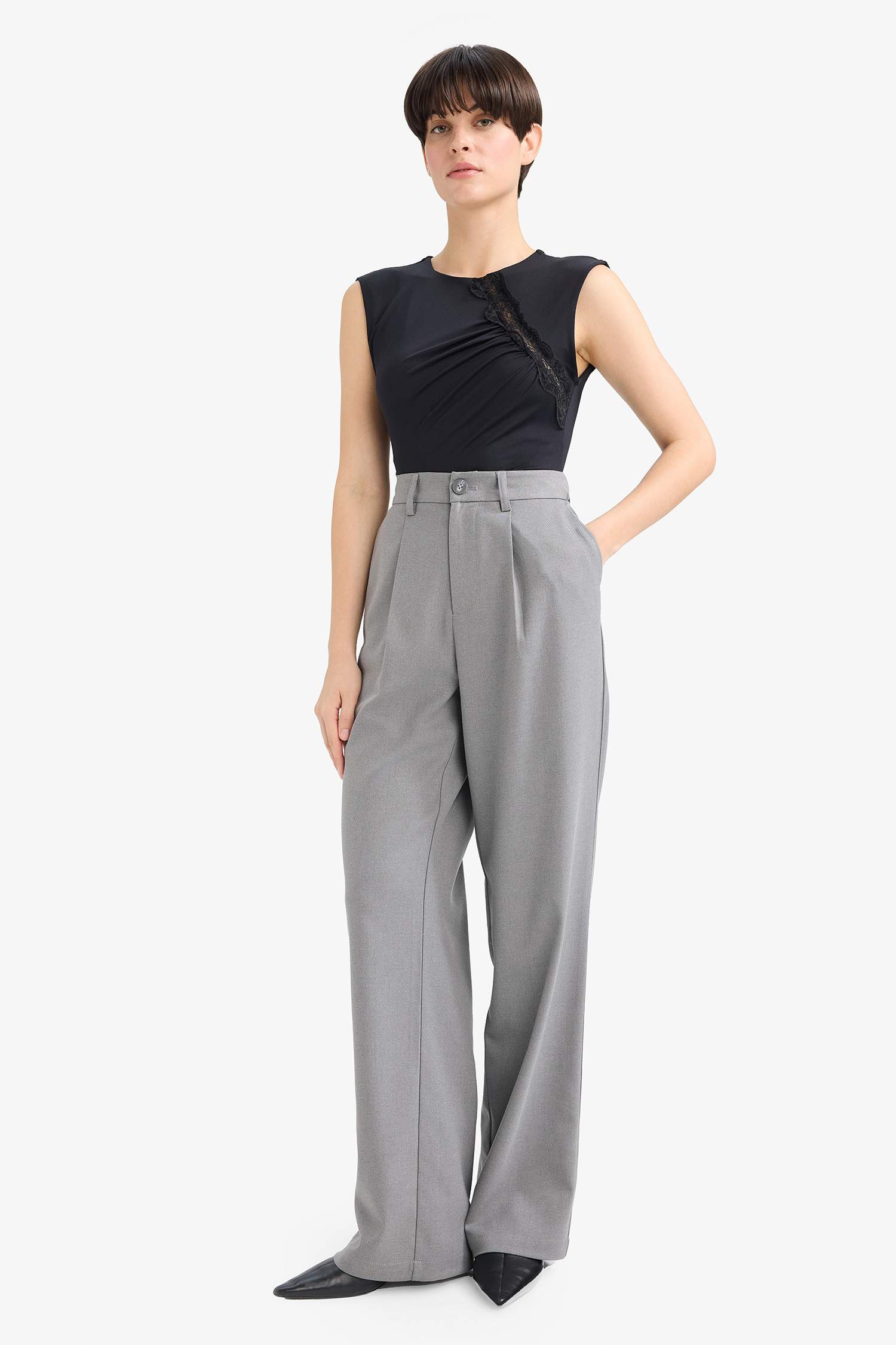 Straight Fit High Waist Long Trousers