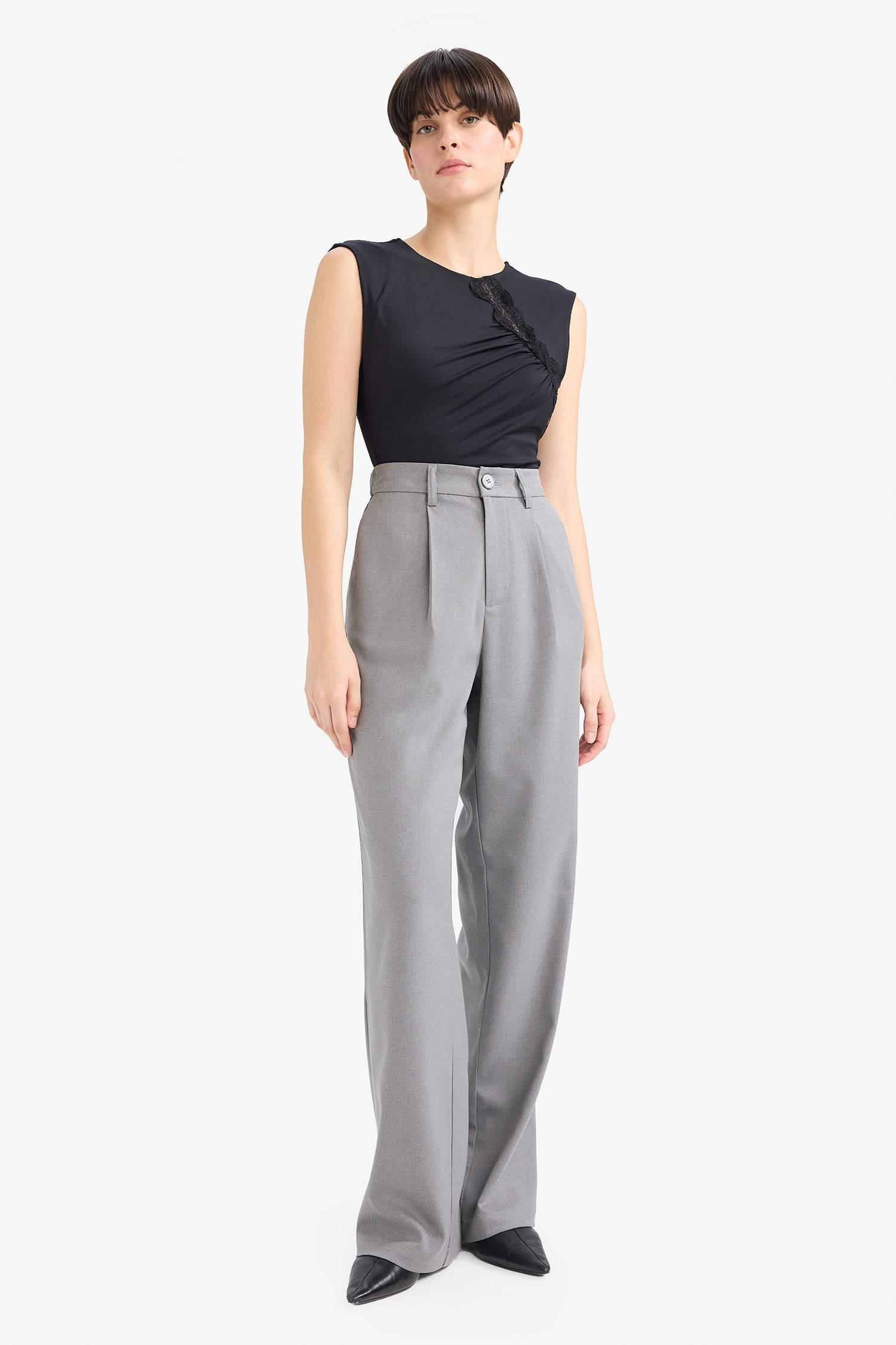 Straight Fit High Waist Long Trousers
