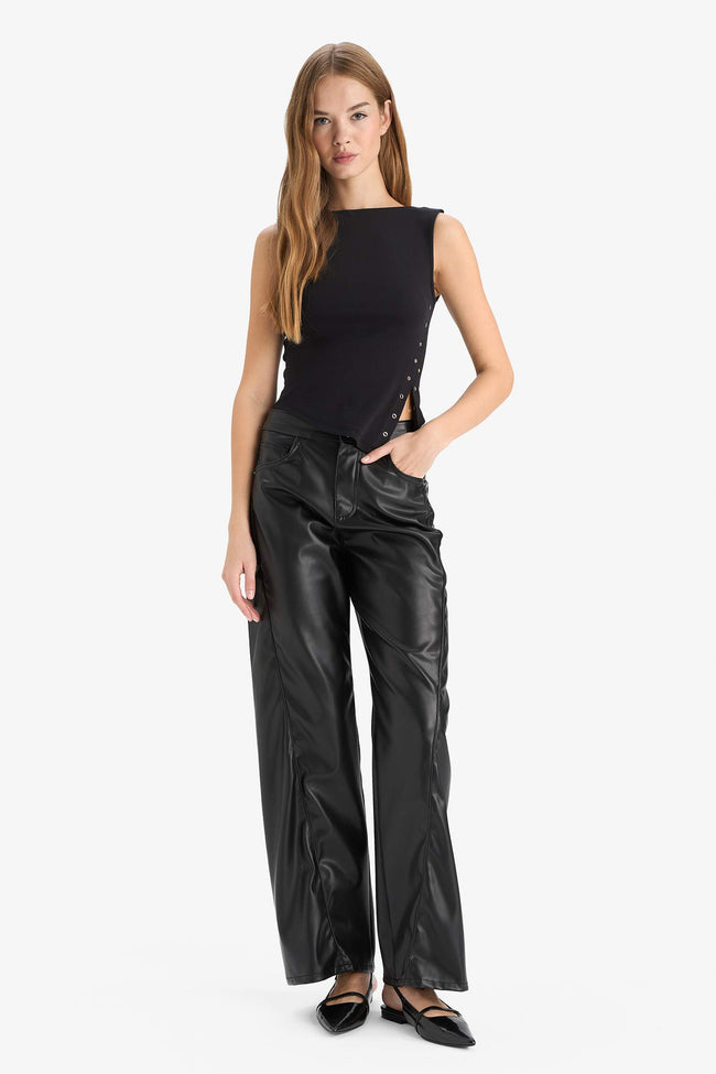 Wide Leg Zip-Up Regular Waist Standard Length Faux Leather Pants Hover Image