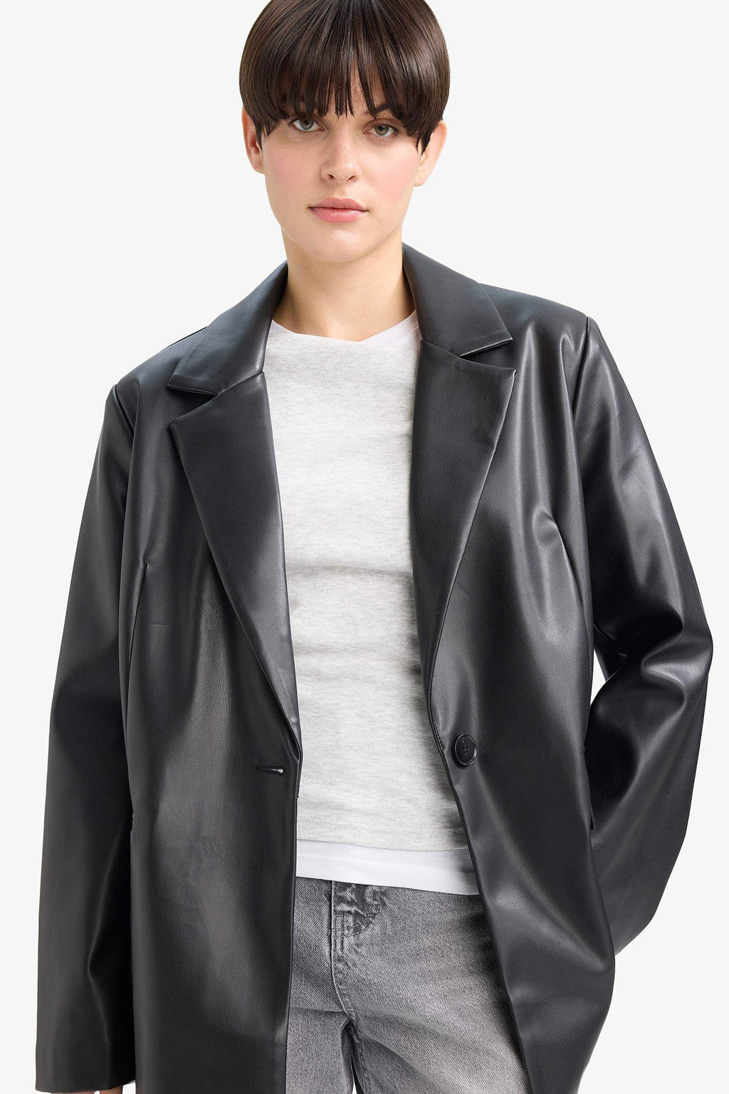 Oversize Fit Jacket Collar Faux Leather Blazer
