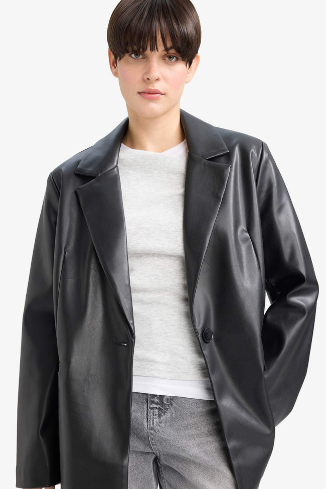 Oversize Fit Jacket Collar Faux Leather Blazer Hover Image